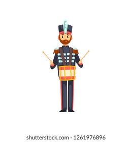 Soldier drummer playing drum, member of army military band with musical instrument vector Illustration on a white background