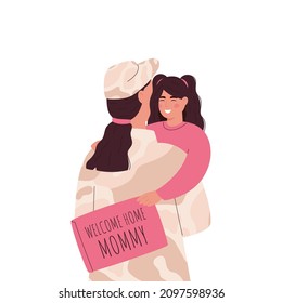 Soldier embracing daughter after returning home.Military woman or soldier dressed in camouflage clothing holding daughter.Baby girl holding poster with inscription welcome home mommy.Isolated on white