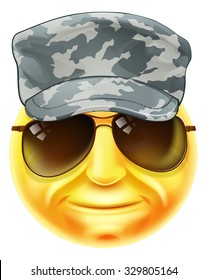 A soldier emoji emoticon smiley face character wearing a camouflaged cap and sunglasses