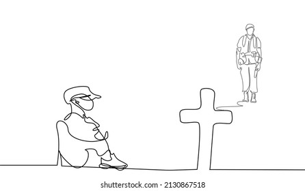 a soldier father dies and a boy thinks of his father in the grave and his father looks at his son from afar