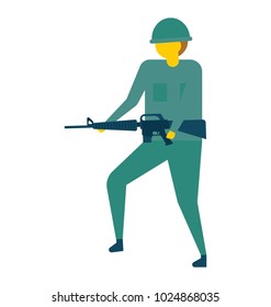 Soldier in field uniform with weapon, flat vector icon 