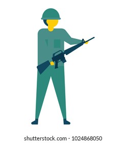 Soldier in field uniform with weapon, flat vector icon 