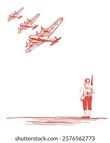 Soldier and fighter air force plane with retro style and line art sketch drawing, perfect for Victory day, Veterans day, Normandy 