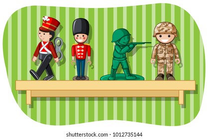 Soldier figures on wooden shelf illustration