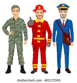 Soldier, fireman and postman characters
