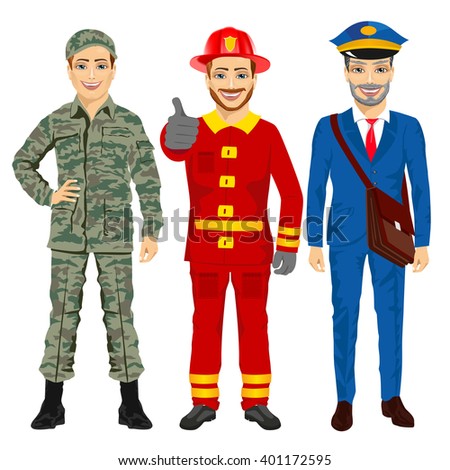 Soldier, fireman and postman characters