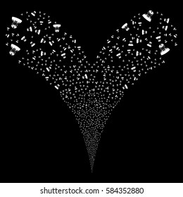 Soldier fireworks stream. Vector illustration style is flat white iconic symbols on a black background. Object double fountain constructed from random design elements.