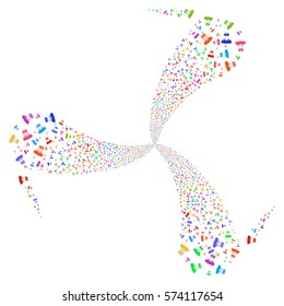 Soldier fireworks swirl rotation. Vector illustration style is flat bright multicolored iconic symbols on a white background. Object spiral combined from random design elements.