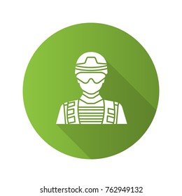 Soldier flat design long shadow glyph icon. Military man. Vector silhouette illustration