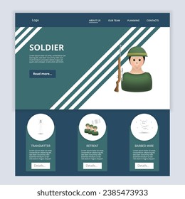 Soldier flat landing page website template. Transmitter, retreat, barbed wire. Web banner with header, content and footer. Vector illustration.