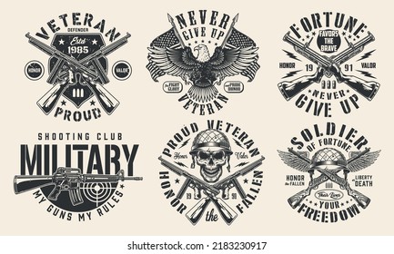 Soldier Fortune Set Monochrome Poster Vintage Weapons 20th Century And Eagle With US Flags Ammunition Veterans Warrior Isolated Vector Illustration