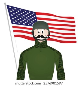 Soldier in front of flag. vector