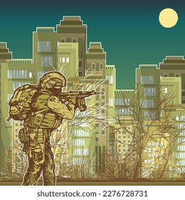 Ein Soldat in voller Munition mit einer Waffe bewegt sich um die Nachtstadt. Straßenkämpfe. Skizze. Vektorgrafik