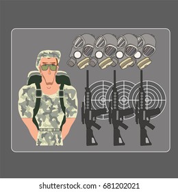 Soldier in Full Equipment. Automatic Weapon, Target and Mask, as Elements of Military Equipment. Vector illustration