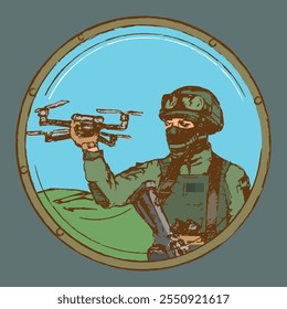 Soldier in full gear controls a quadcopter drone. Round icon, emblem, sketch. Vector illustration