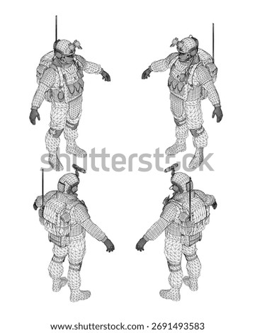 A soldier in full space uniform strikes a defensive pose with raised left hand and a gun in his right. The 3D model features a helmet, gas mask, and backpack against a white background.