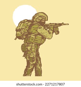 Ein Soldat in voller taktischer Ausrüstung mit Rucksack und einer automatischen Waffe schießt vor dem Hintergrund der schleichenden Sonne. Sketch.Vektorgrafik