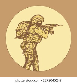 Ein Soldat in voller taktischer Ausrüstung mit Rucksack und automatischen Waffen. Skizze. Symbol, Emblem. Vektorgrafik