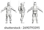 A soldier in full uniform with a backpack is depicted in a low poly style, shown in three distinct poses against a clean white background. The model features a variety of geometric shapes.