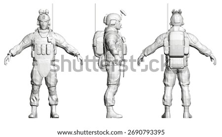 A soldier in full uniform with a backpack is depicted in a low poly style, shown in three distinct poses against a clean white background. The model features a variety of geometric shapes.