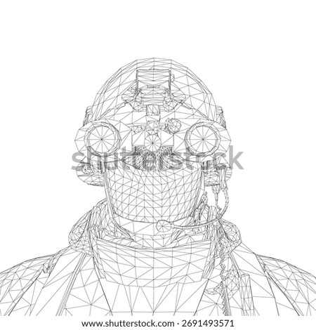 A soldier in full uniform with helmet and goggles is depicted as a black and white wireframe model.