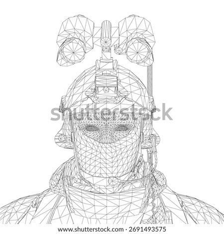 A soldier in full uniform with helmet and goggles depicted as a black and white wireframe model.