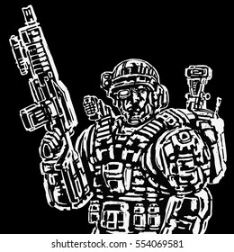 Soldier of the Future in Black White Colors.Vector Illustration.