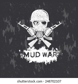 soldier in gas mask with automatic guns on grunge background