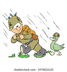 Soldier going to border and a duck behind him wearing a helmet