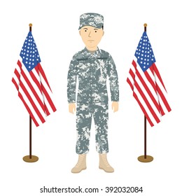 Soldier in grey winter camouflage between two American flags vector illustration 