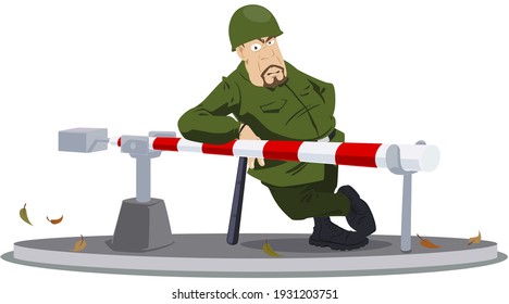 Soldier guards barrier. Closed area. Illustration concept for mobile website and internet development.