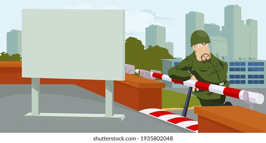 Soldier guards barrier. Closed area. Illustration concept for mobile website and internet development.