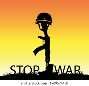 soldier gun and helmet vector. Grave of a fallen soldier,Death of the military.Stop War Save Life.