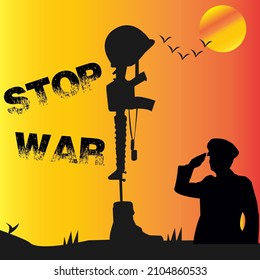 soldier gun and helmet vector. Grave of a fallen soldier, Death of the military. Stop War Save Life.Vector silhouette of a Soldier saluting the American death Soldier.