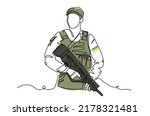 Soldier with gun. Vector illustration. One continuous line art drawing background, banner, poster of soldier in bulletproof vest.