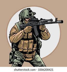 Soldier with gun. Warrior. Special Forces. Illustration