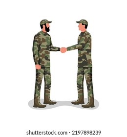 Soldier handshake. Two people in camouflage uniforms conclude a contract. Truce and agreement. Symbol of successful negotiations. Partnership, meeting. Vector illustration flat design. 