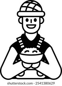 A soldier in a hat is holding a bowl of rice