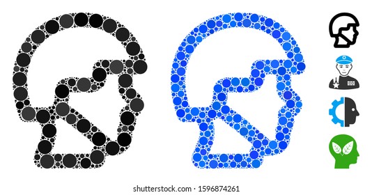 Soldier head composition of filled circles in variable sizes and color tinges, based on soldier head icon. Vector small circles are composed into blue composition.