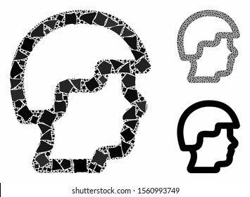 Soldier head composition of trembly pieces in different sizes and color tinges, based on soldier head icon. Vector rugged pieces are combined into collage.