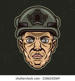 Soldier-Kopf, Infantryman-Vektorgrafik in Vintage-bunter Stil auf dunklem Hintergrund, Bekleidung, T-Shirt-Vorlage