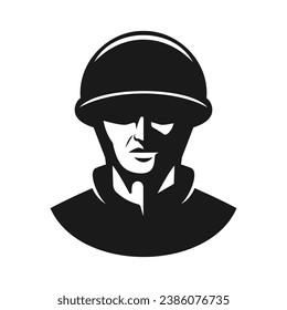 Plantilla de logo de mascota de cabeza de soldado, retrato simple de un soldado moderno, guerrero en un casco y ilustración táctica vectorial