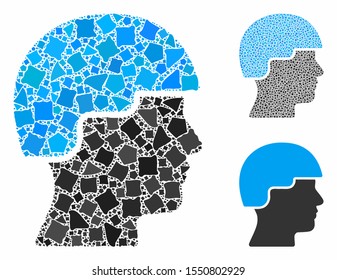 Soldier head mosaic of abrupt elements in different sizes and color tints, based on soldier head icon. Vector ragged elements are united into composition.