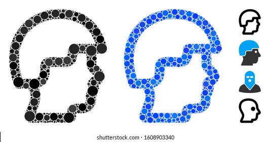 Soldier head mosaic of circle elements in various sizes and color tones, based on soldier head icon. Vector circle elements are grouped into blue mosaic.