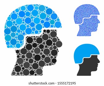 Soldier head mosaic of filled circles in various sizes and color tones, based on soldier head icon. Vector filled circles are united into blue collage.