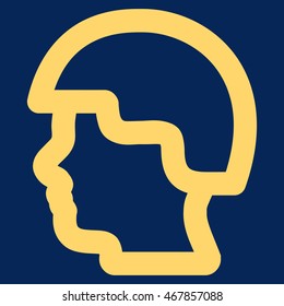 Soldier Head vector icon. Style is contour flat icon symbol, yellow color, blue background.