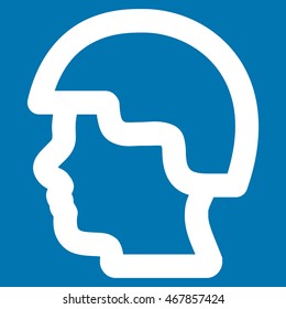 Soldier Head vector icon. Style is linear flat icon symbol, white color, blue background.
