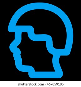 Soldier Head vector icon. Style is outline flat icon symbol, blue color, black background.