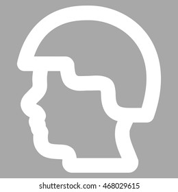 Soldier Head vector icon. Style is contour flat icon symbol, white color, silver background.