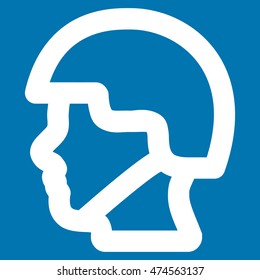 Soldier Head vector icon. Style is contour flat icon symbol, white color, blue background.
